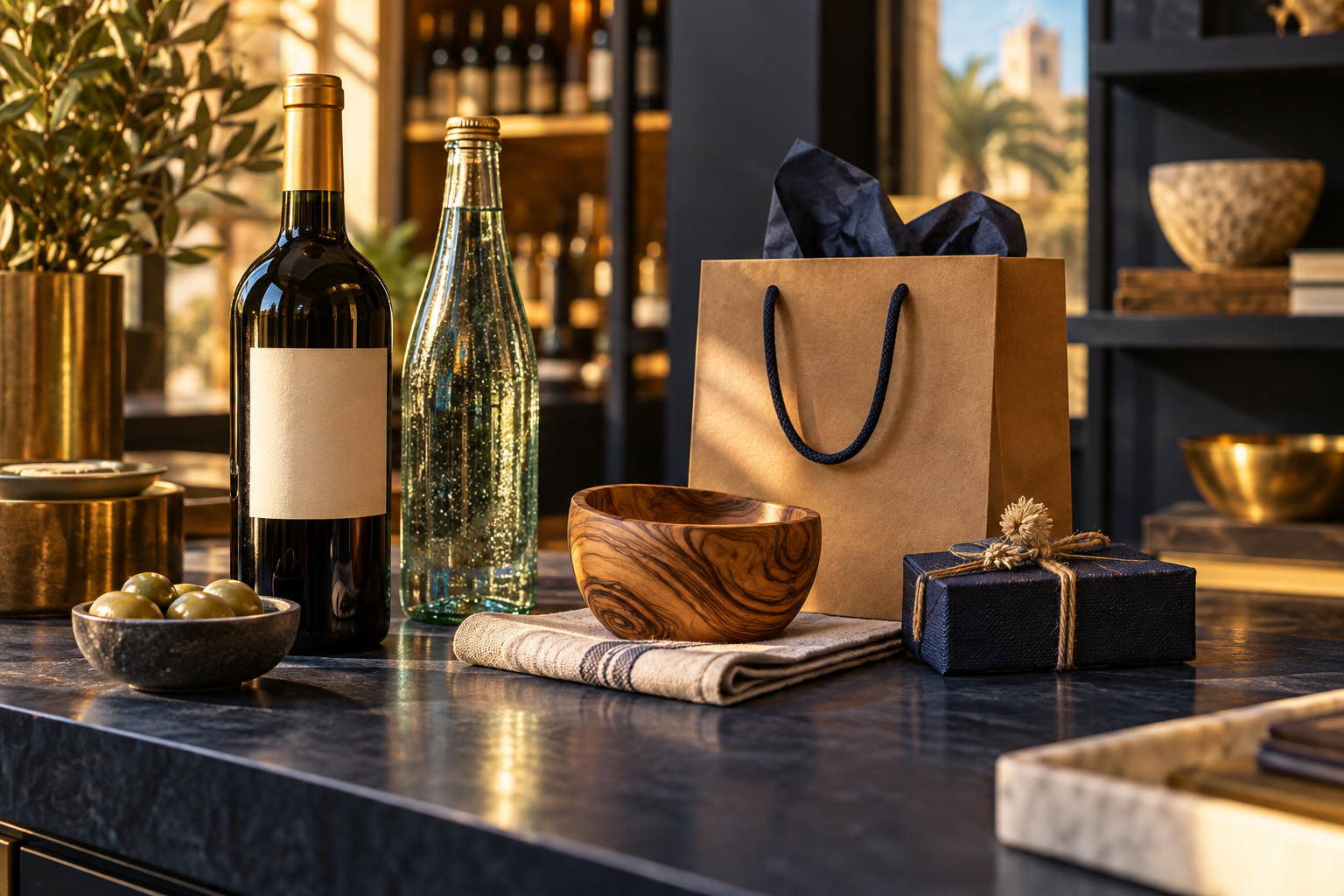 Selection of wine, water and gift items arranged on a store counter